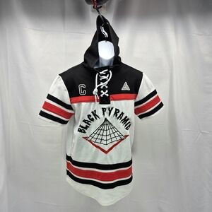 BLACK PYRAMID Hockey Jersey Hooded Shirt White Red Black Men's Small Hip-Hop